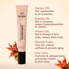 Under eye cream tube with ingredient callouts for skin regeneration, rosehip, walnut, aloe.