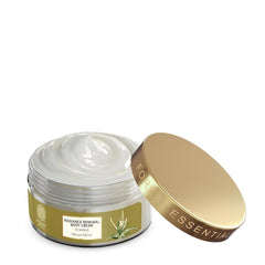 Radiance Renewal body cream jar, open with white cream and gold lid.
