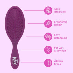 Purple detangling hair brush with oval bristle pad and ergonomic handle