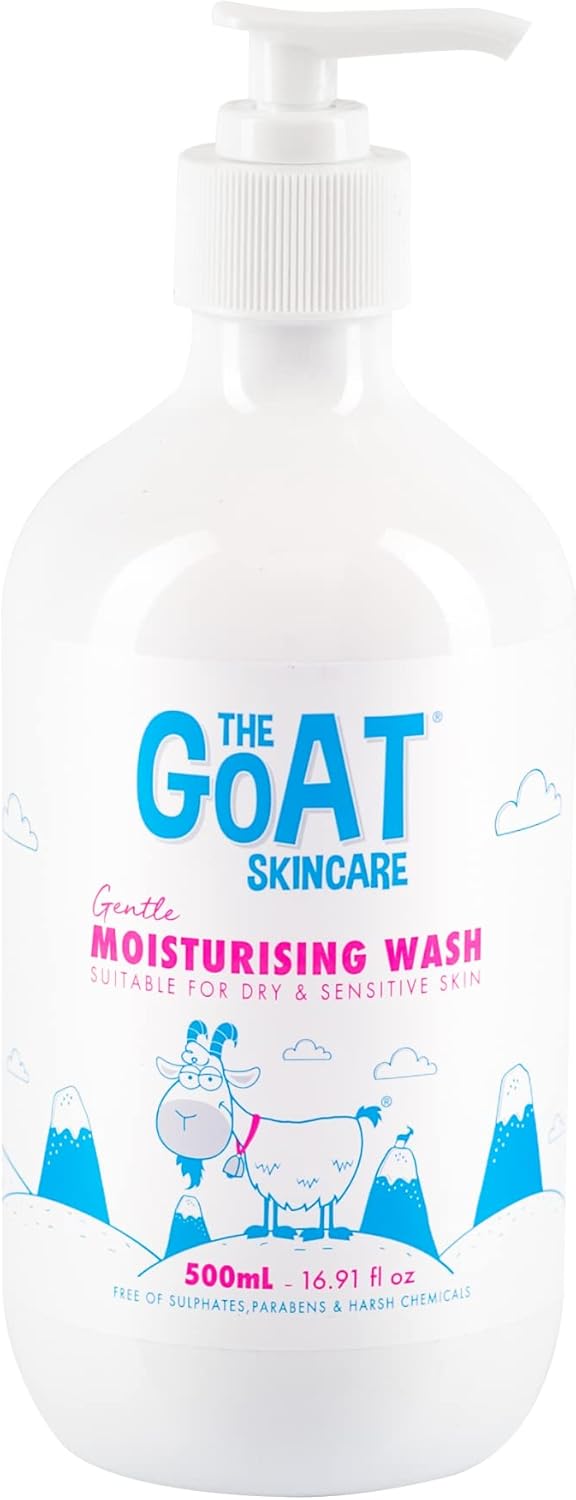White pump bottle of Goat skincare moisturizing wash, 500 ml, with blue label
