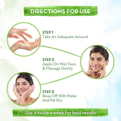 Face wash directions for use steps graphic with green instruction header