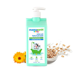 Baby head to toe wash bottle with white pump, teal bottle with milk and oats elements