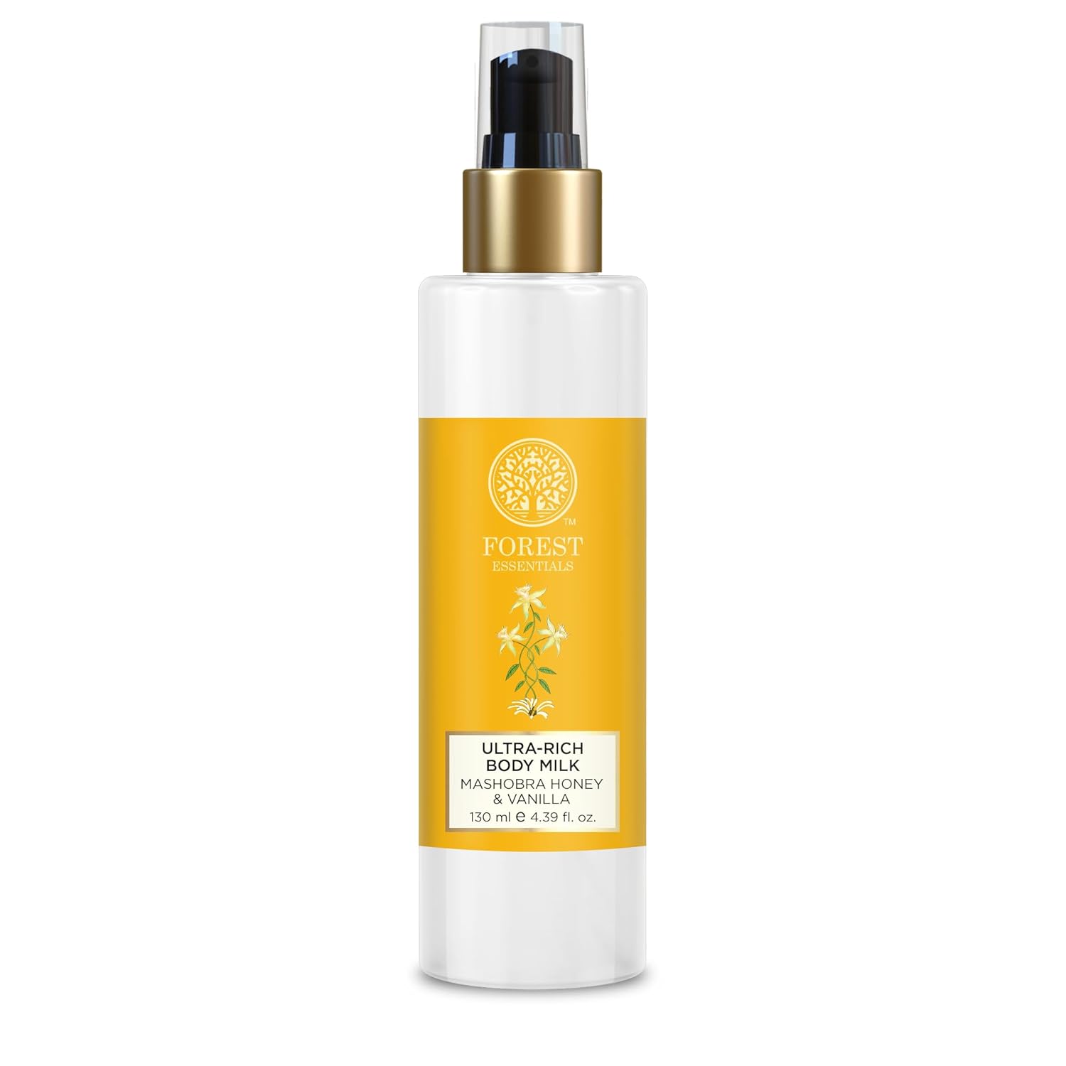 Ultra-rich body milk bottle with gold pump and white-and-amber label