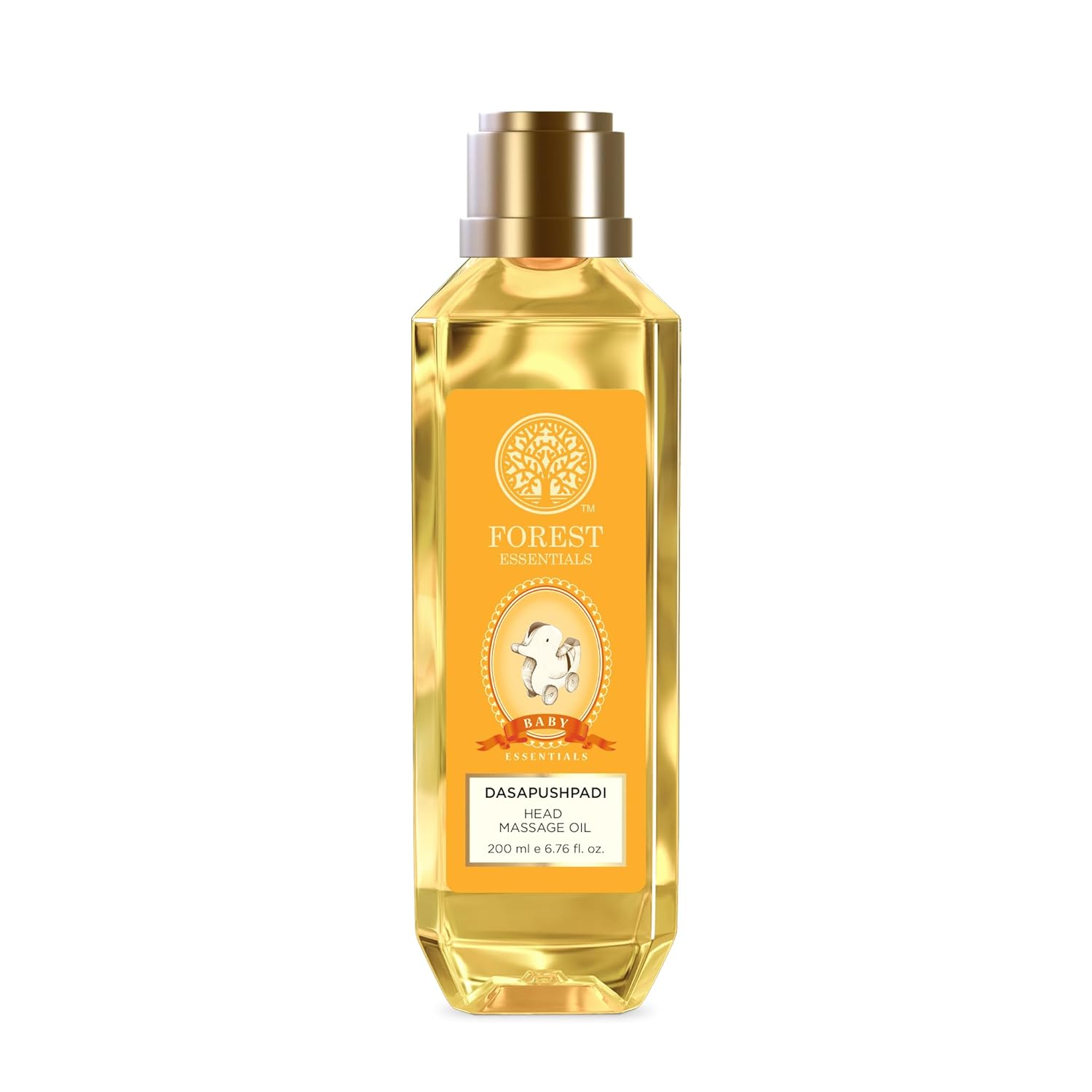 Baby head massage oil bottle with gold cap, amber label, 200 ml
