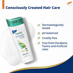 Anti-dandruff tea tree shampoo bottle with certification icons: dermatologically tested