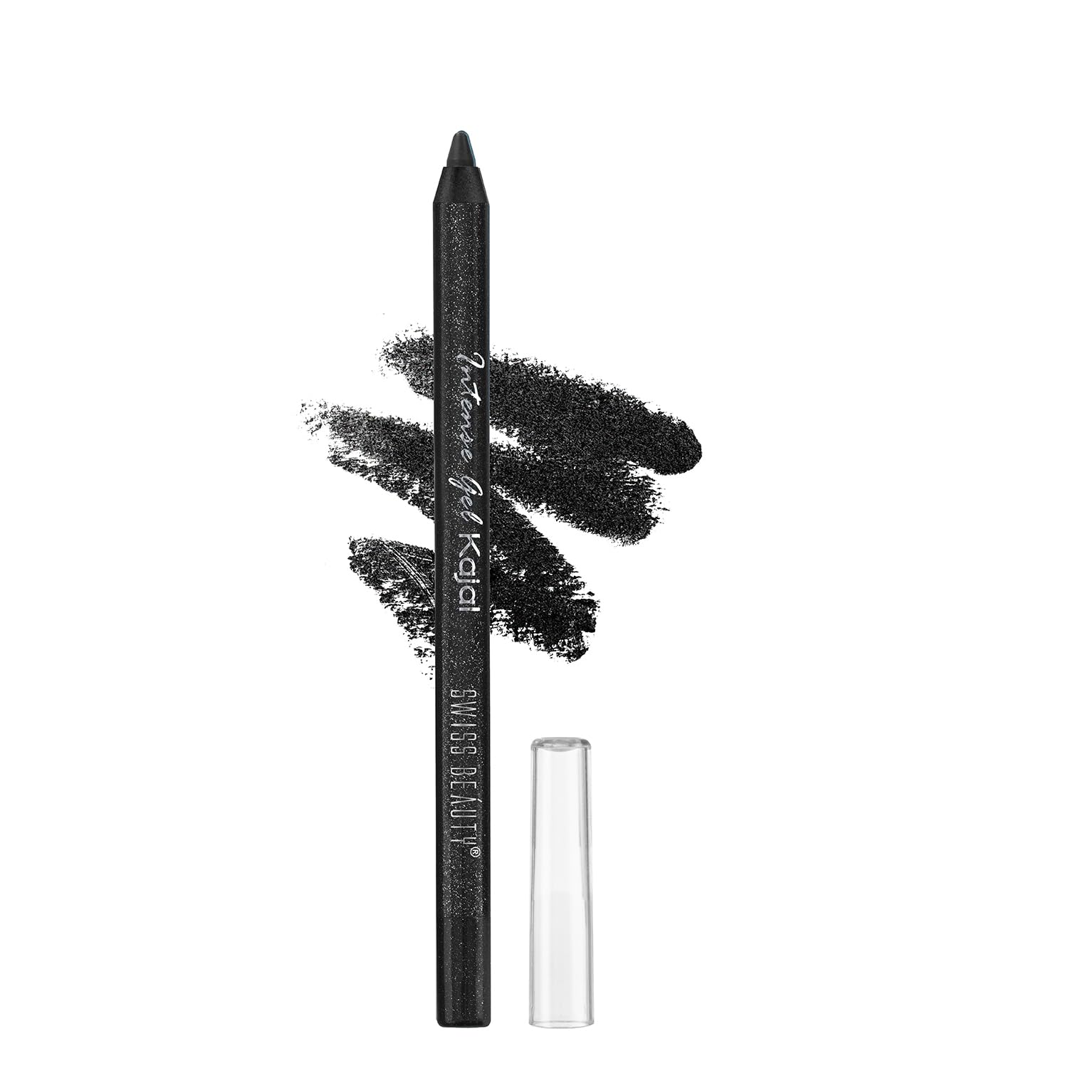 Glittery black gel kajal pencil with cap and swatched line