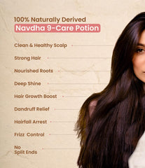 Long dark hair with a scalp-care benefits panel in the background