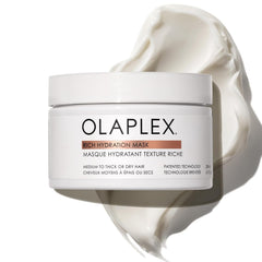 Olaplex Rich Hydration Mask jar with white lid and creamy mask swatch