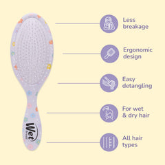 Hair detangling brush with illustrated feature icons and ergonomic design graphics