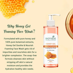 Biotique honey gel foaming face wash bottle with white pump, front label visible