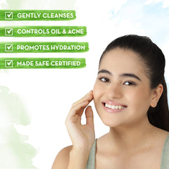 Face wash benefits graphic with a smiling woman touching her cheek