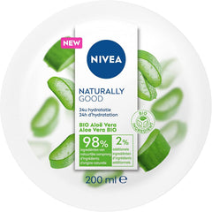 Aloe vera moisturizing cream tub, white lid with NIVEA Naturally Good front pack, 200 ml