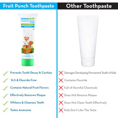 Fruit punch toothpaste tube shown on a side-by-side benefits comparison