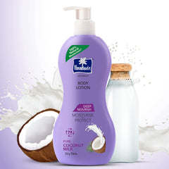 Parachute Advanced Deep Nourish body lotion bottle with pump and coconut milk bottle