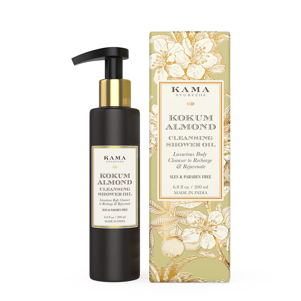 Kokum Almond Cleansing Shower Oil bottle with pump, matte black and gold label