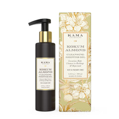 Kokum Almond Cleansing Shower Oil bottle with pump, matte black and gold label