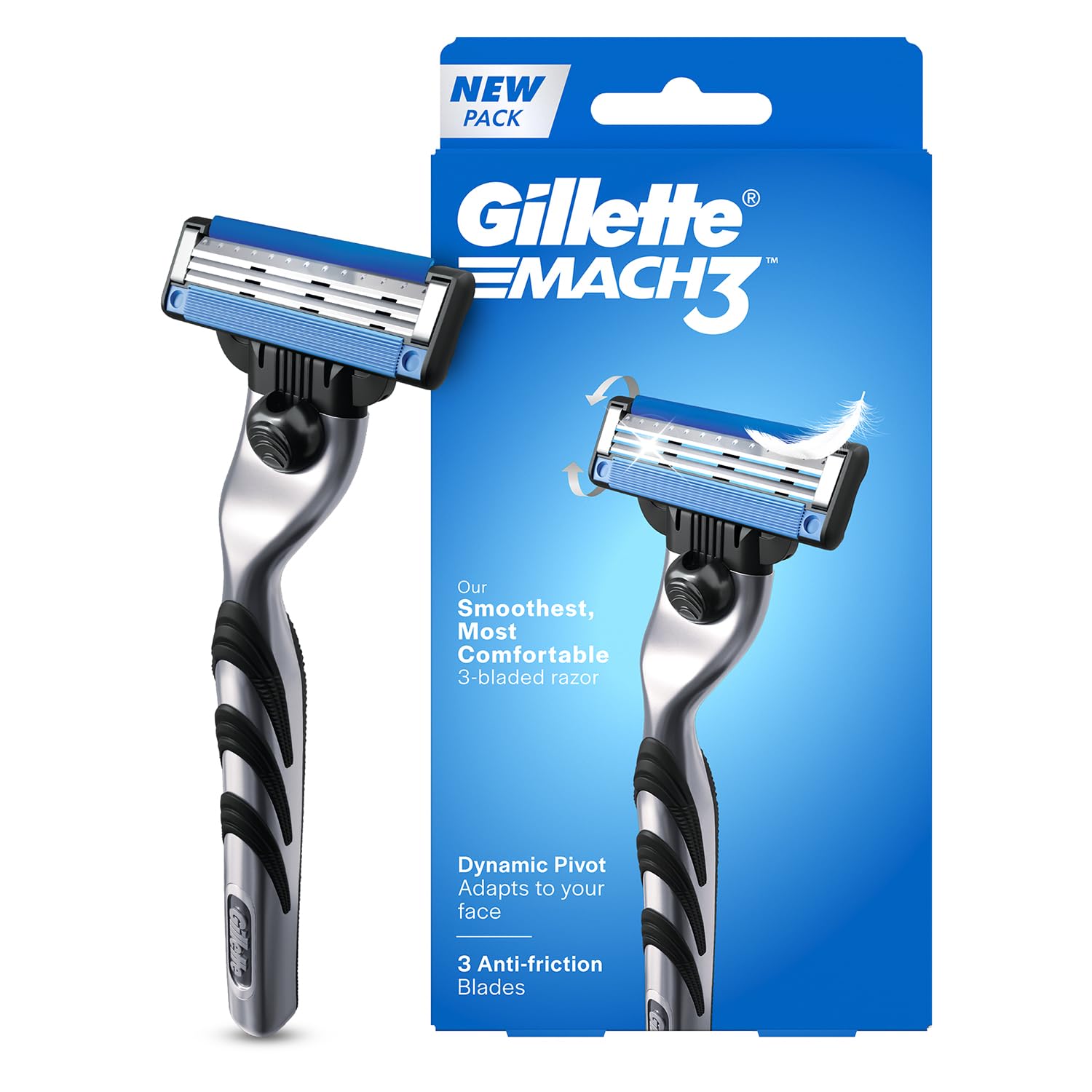 Men Mach3 razor with blue cartridge, chrome blades, and handle in black and blue