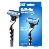 Men Mach3 razor with blue cartridge, chrome blades, and handle in black and blue