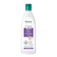 Himalaya baby massage oil bottle with teal cap and purple baby massage oil label.