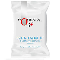 O3+ bridal facial kit sachet, white single-use pouch with O3+ logo and blue text