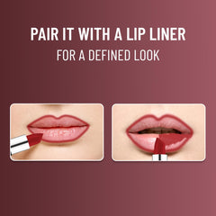 Red matte lipstick application on lips, with lipstick pressed from bullet