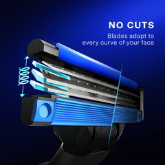 Men Mach3 razor head close-up with blue cartridge and exposed metal blades