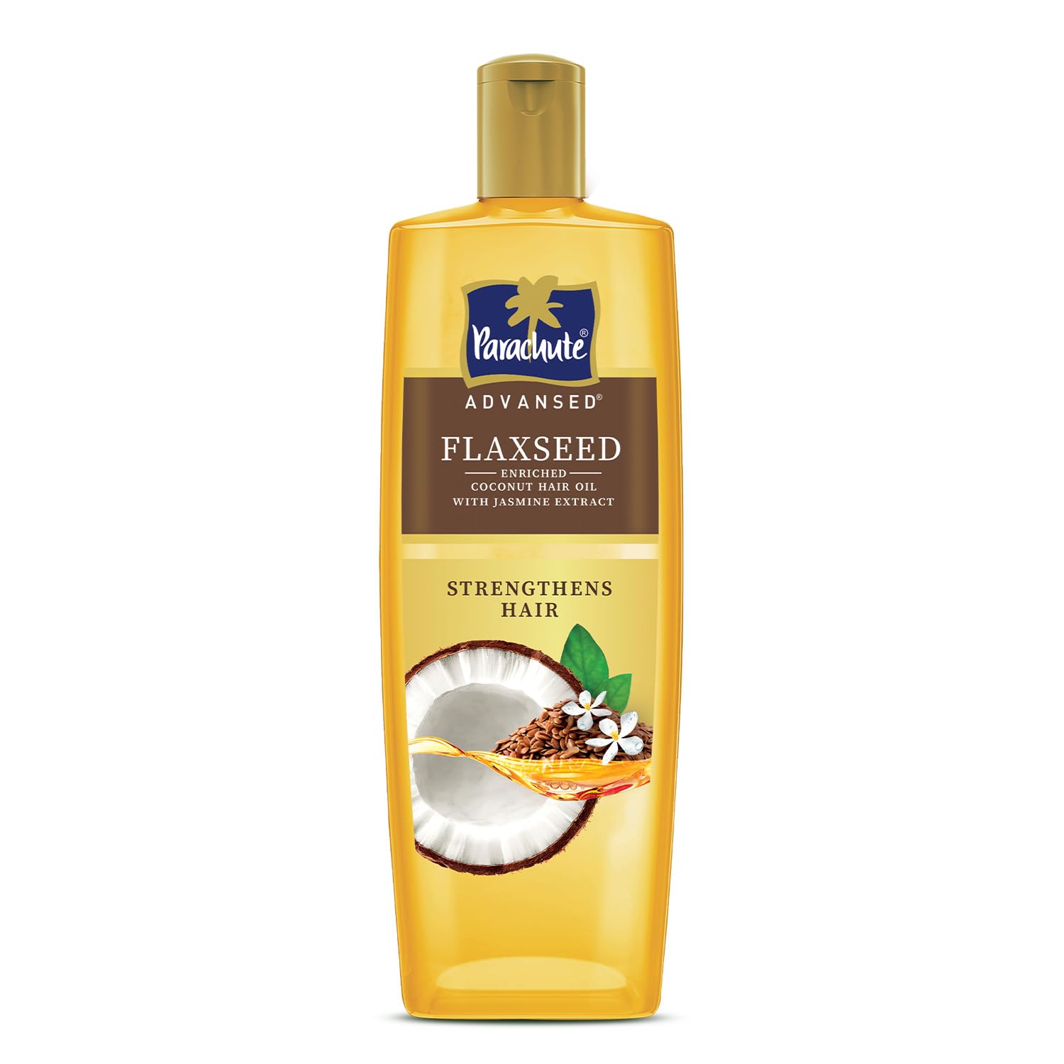 Parachute Advanced flaxseed enriched coconut hair oil bottle, front label, 300 ml