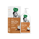 Baby lotion bottle with pump dispenser and matching carton, Milky Soft daily moisturizing