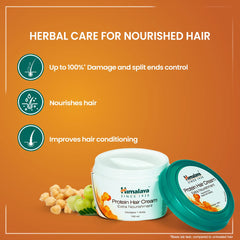 Himalaya Protein Hair Cream tub with green lid beside nourishing hair care icons