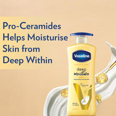 Vaseline deep moisture body lotion bottle with blue cap, yellow lotion