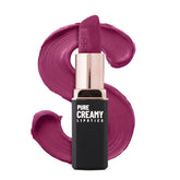 Mauve creamy lipstick in black tube with silver cap, open tip with mauve swatch