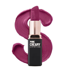 Mauve creamy lipstick in black tube with silver cap, open tip with mauve swatch