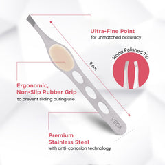 Stainless steel tweezer with rubber grip pad and oval cutouts, angled view
