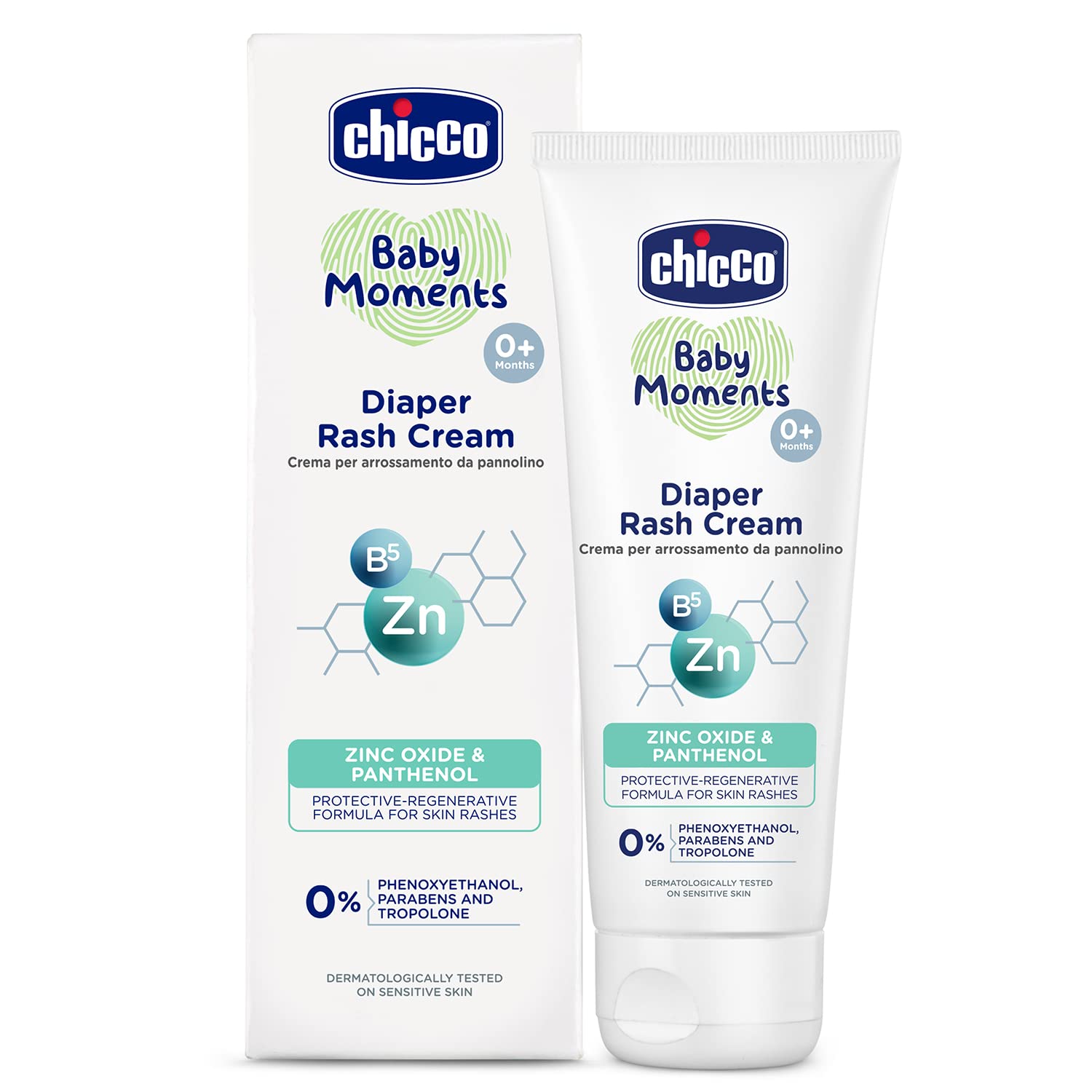 Chicco Baby Moments diaper rash cream box and tube, white zinc oxide cream