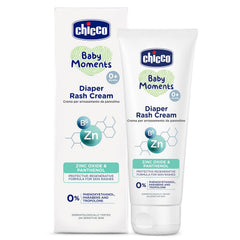 Chicco Baby Moments diaper rash cream box and tube, white zinc oxide cream