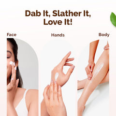 Hydrating moisturizing cream application shown for face, hands, and body with cream dollops