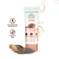 Oil-free face wash tube with chia seeds and ceramide benefit icons