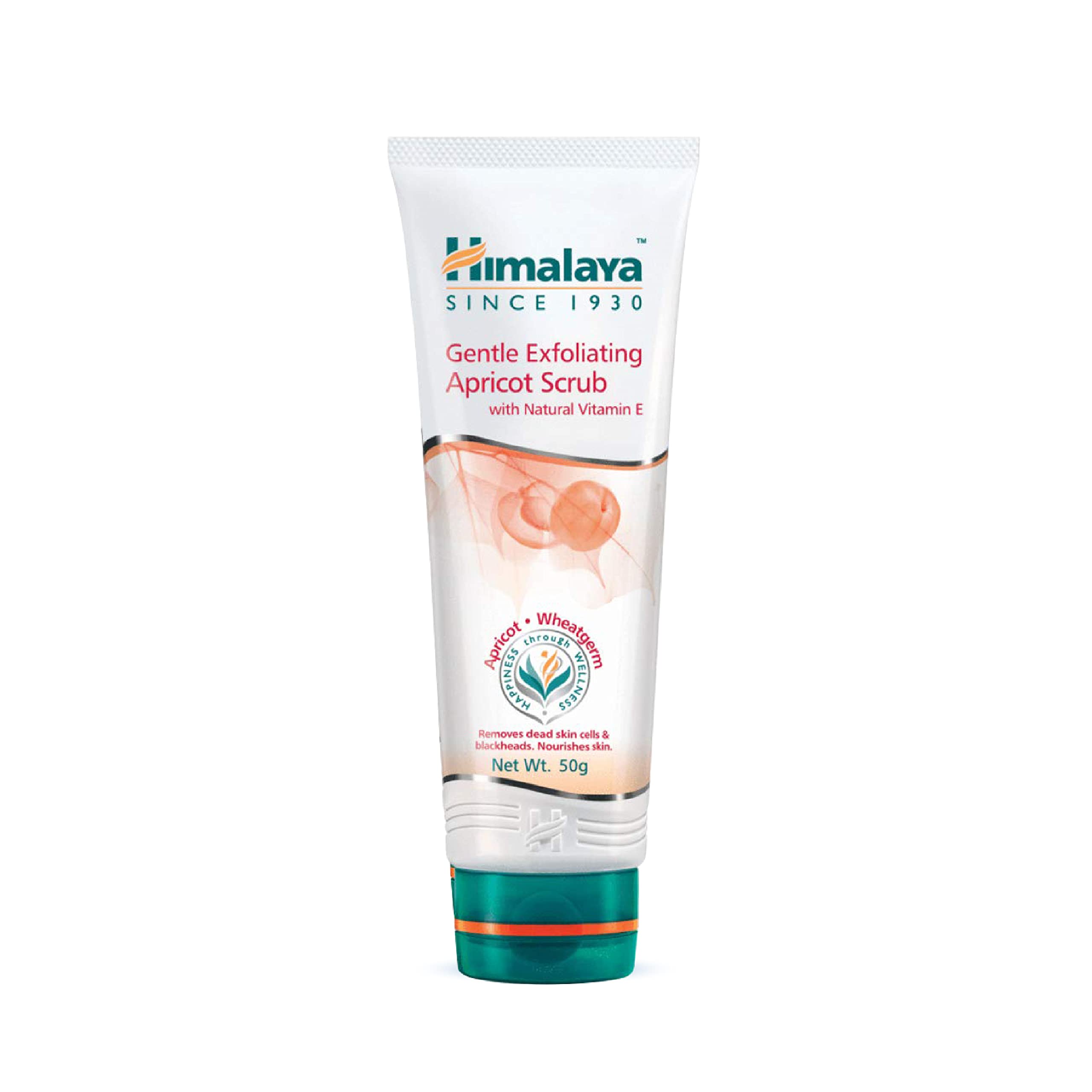 Apricot face scrub tube with front label, cream squeeze package, 50g.