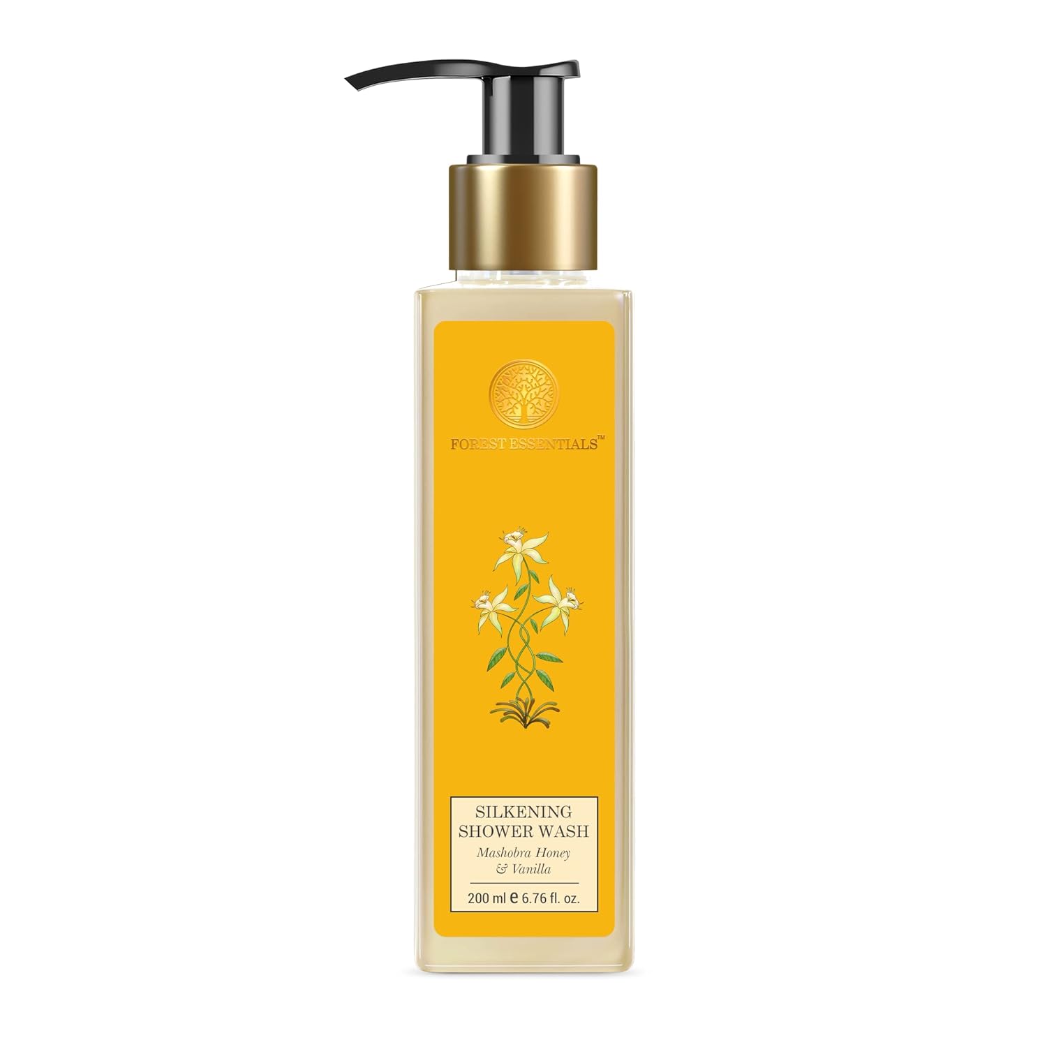 Amber shower wash bottle with gold pump and floral label, 200 ml