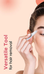 2-in-1 brow groomer and tweezer held near face, silver tone, comb side visible