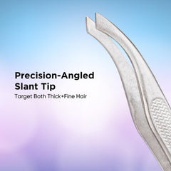 Precision-angled slant tip tweezer with textured grip, silver metal