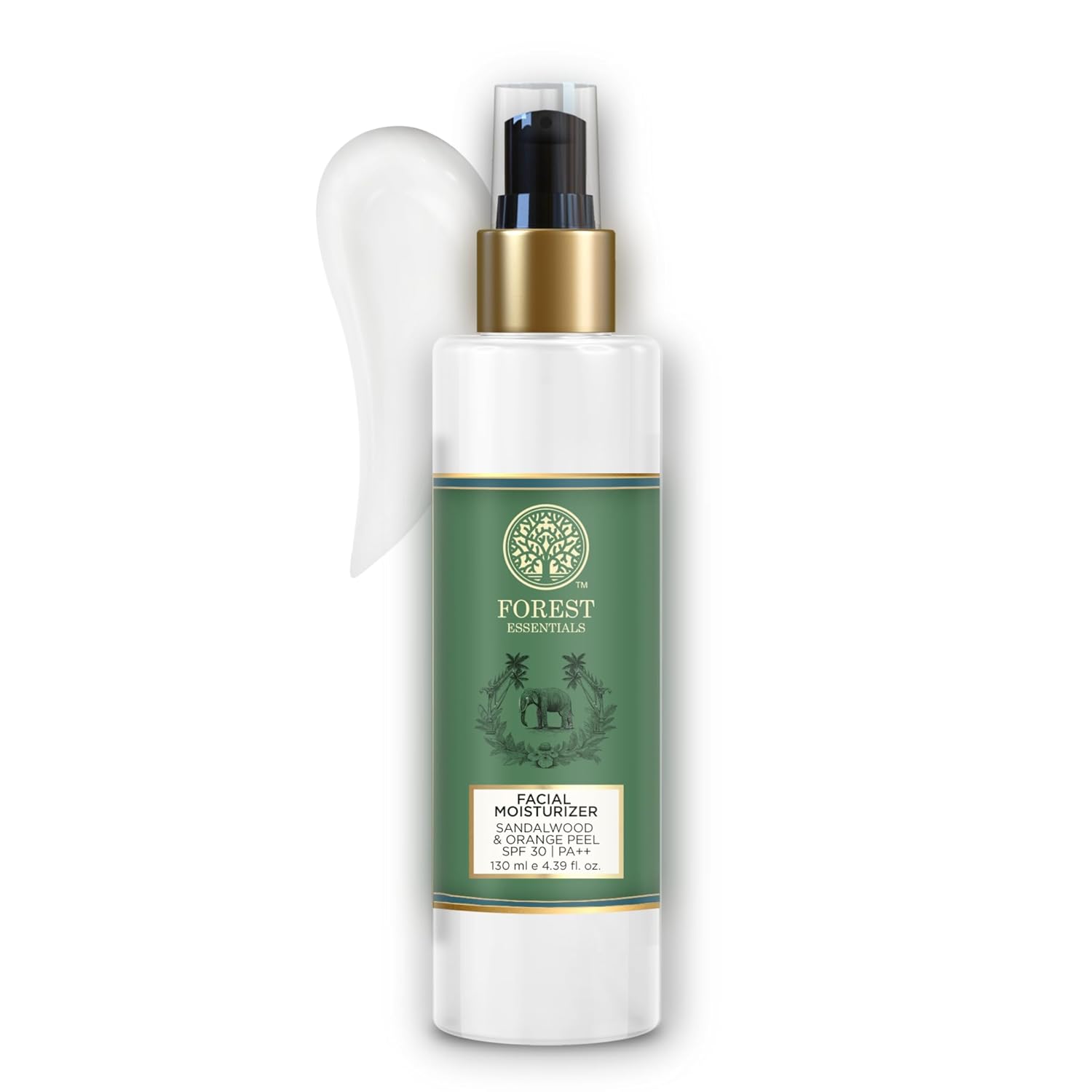 Forest Essentials facial moisturizer bottle, white with green label, gold pump, black cap