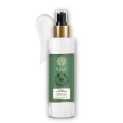 Forest Essentials facial moisturizer bottle, white with green label, gold pump, black cap