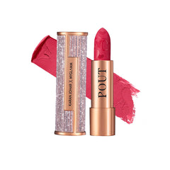 Sparkly rose-gold lipstick with red smear, open tube and capped bullet