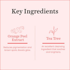 Facial mask ingredients card with orange peel and leaf illustrations