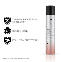 Thermal protection hair spray bottle, black cap, silver body with pink label and shield icons