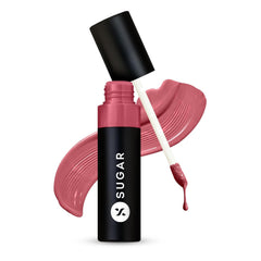 Glossy transferproof lipstick in pink-brandy shade, open tube with swatch