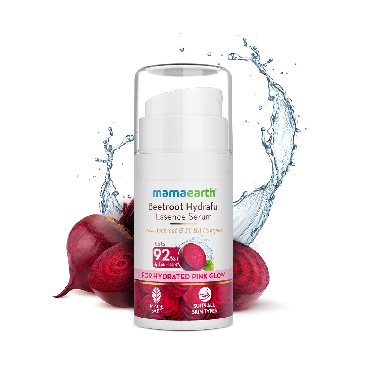 Beetroot essence serum bottle with white cap and pink glow front label