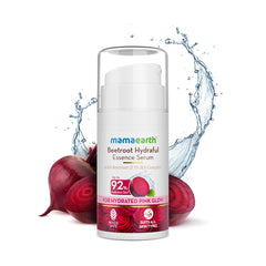 Beetroot essence serum bottle with white cap and pink glow front label