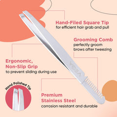 2-in-1 brow groomer and tweezer with comb edge and pointed slant tip, silver finish